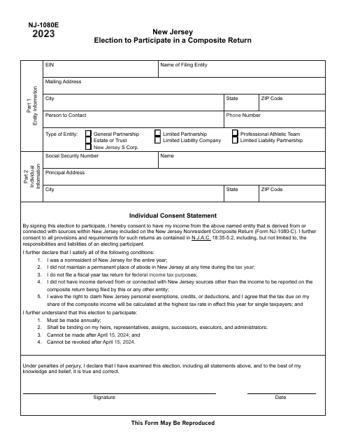 Form NJ-1080E Election to Participate in a Composite Return - New Jersey, 2023