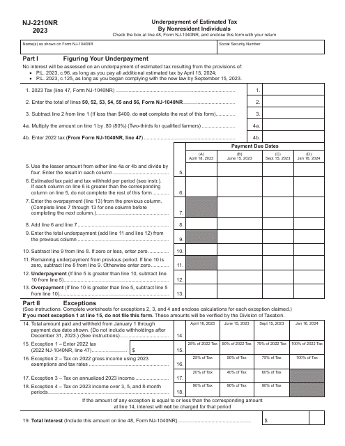 Form NJ-2210NR Underpayment of Estimated Tax by Nonresident Individuals - New Jersey, 2023