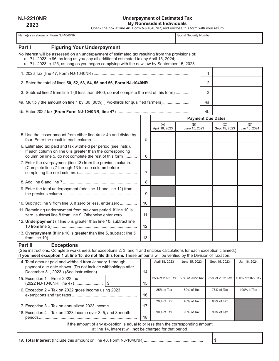 Form NJ-2210NR Underpayment of Estimated Tax by Nonresident Individuals - New Jersey, Page 1