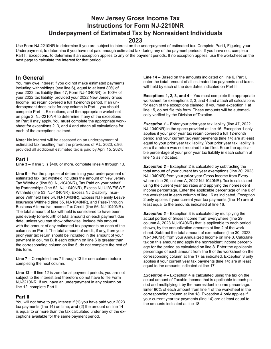 Form NJ-2210NR Underpayment of Estimated Tax by Nonresident Individuals - New Jersey, Page 3