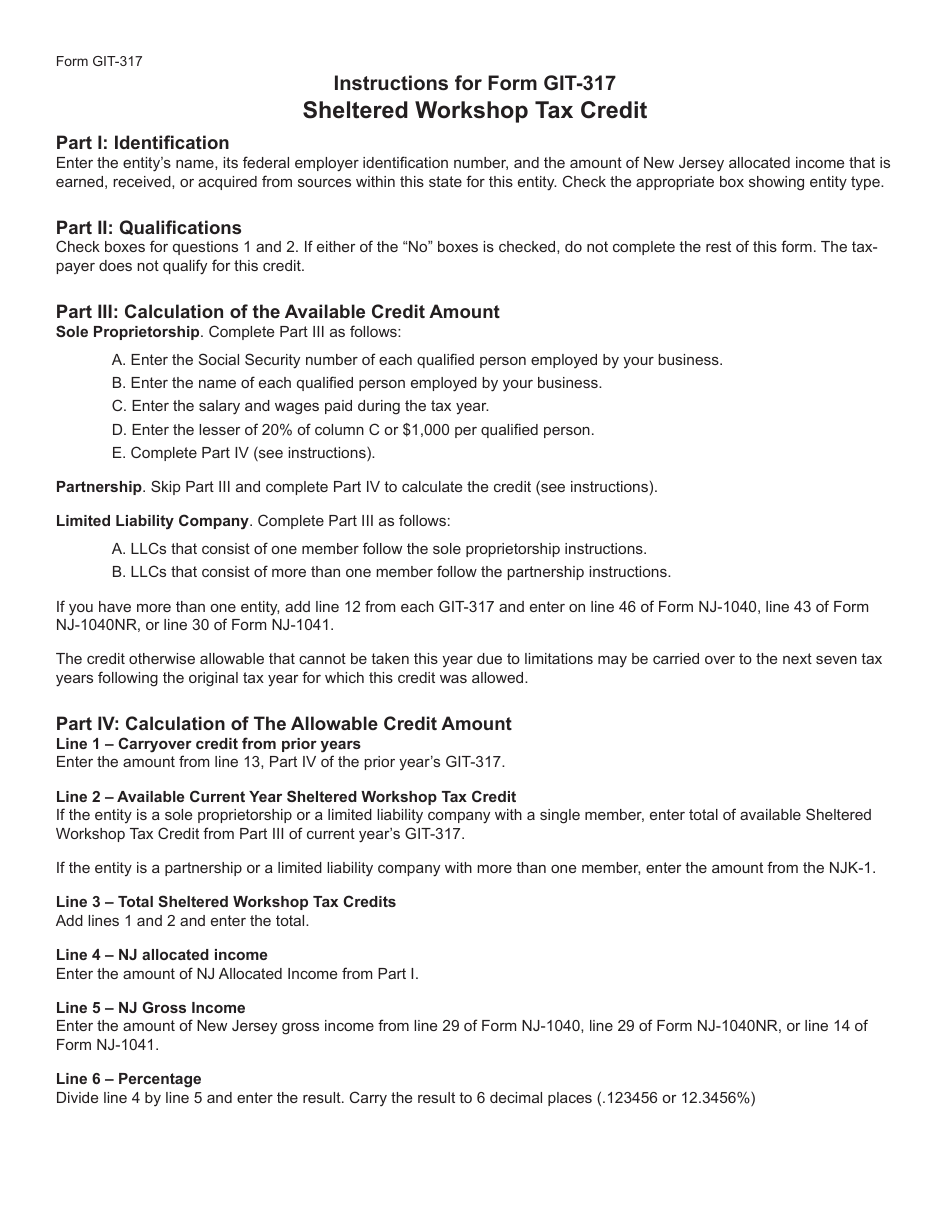 Form GIT-317 Sheltered Workshop Tax Credit - New Jersey, Page 3