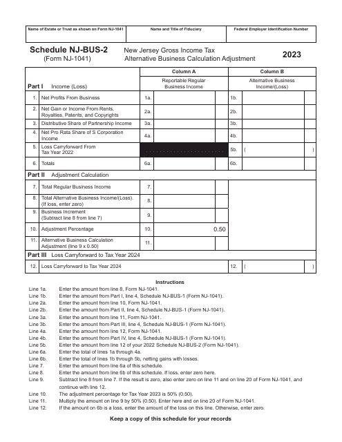 Form NJ-1041 Schedule NJ-BUS-2 New Jersey Gross Income Tax Alternative Business Calculation Adjustment - New Jersey, 2023