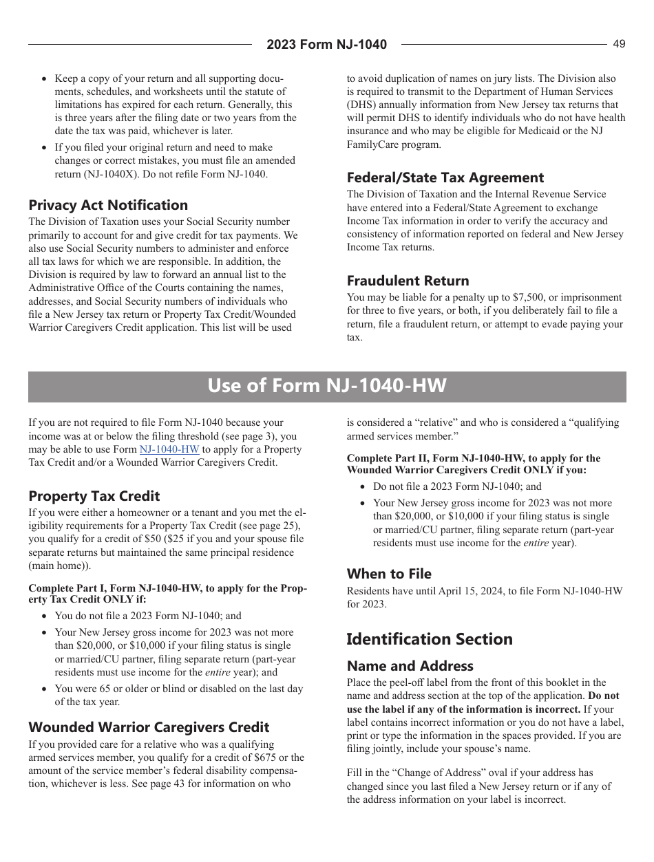 Download Instructions for Form NJ1040HW Property Tax Credit