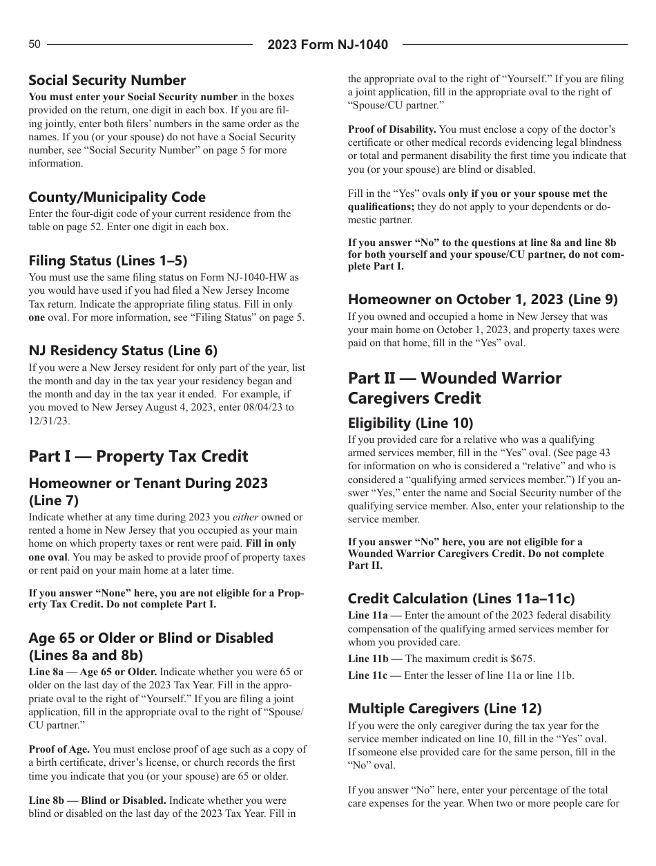 Instructions for Form NJ-1040-HW Property Tax Credit Application / Wounded Warrior Caregivers Credit Application - New Jersey, Page 2