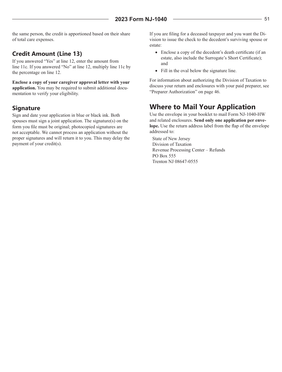 Instructions for Form NJ-1040-HW Property Tax Credit Application / Wounded Warrior Caregivers Credit Application - New Jersey, Page 3