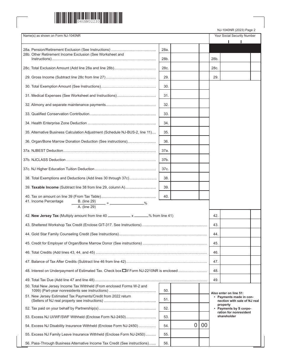 Form NJ-1040NR Download Fillable PDF or Fill Online New Jersey ...