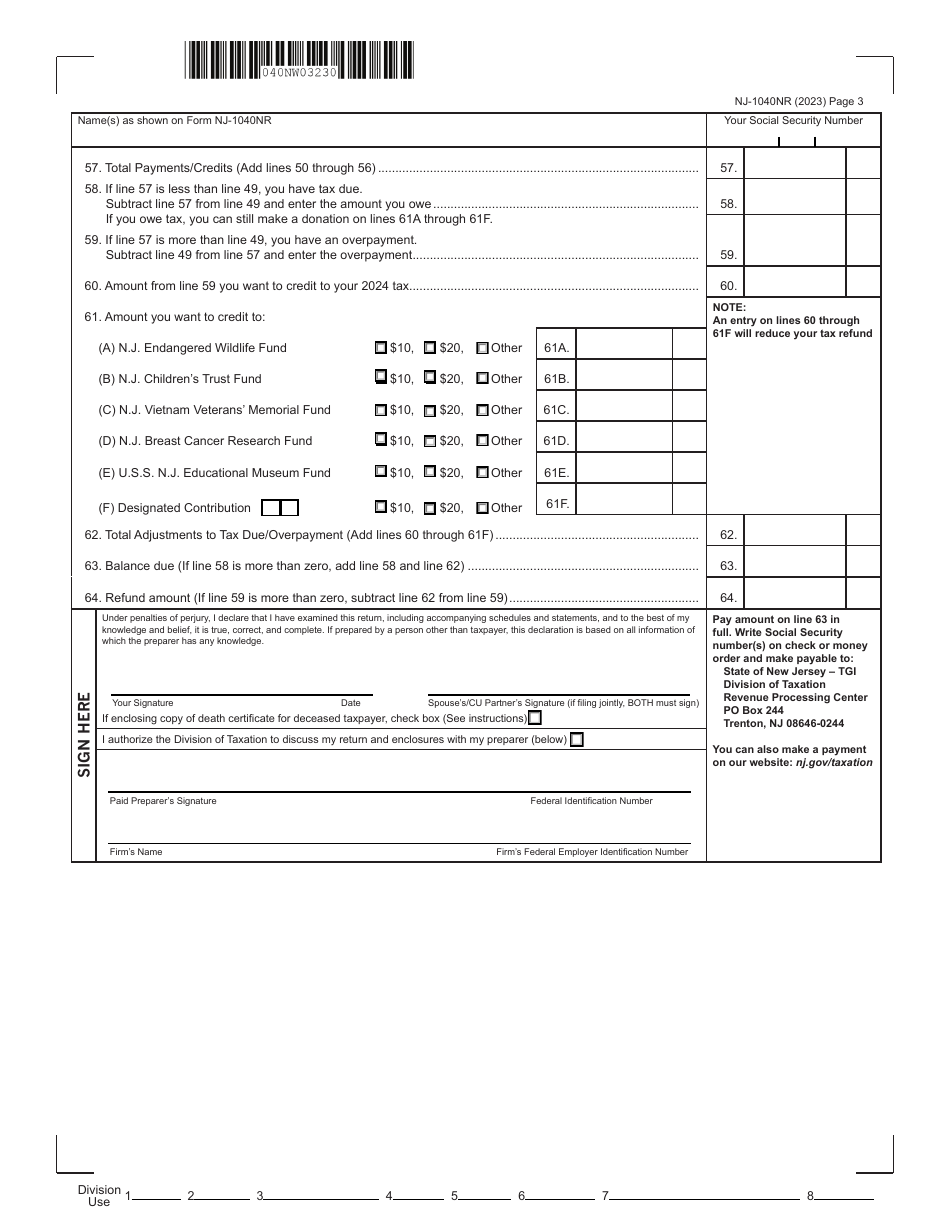 Form NJ-1040NR New Jersey Nonresident Income Tax Return - New Jersey, Page 3