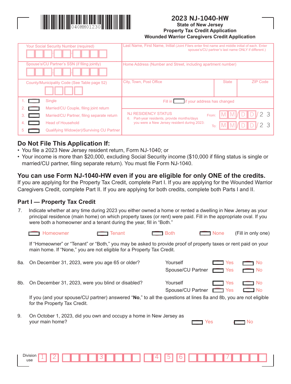 Form NJ-1040-HW Property Tax Credit Application / Wounded Warrior Caregivers Credit Application - New Jersey, Page 1