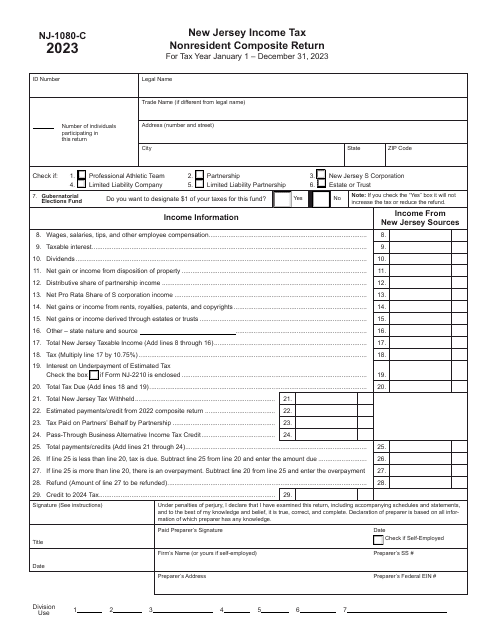 Form NJ-1080-C New Jersey Income Tax Nonresident Composite Return - New Jersey, 2023