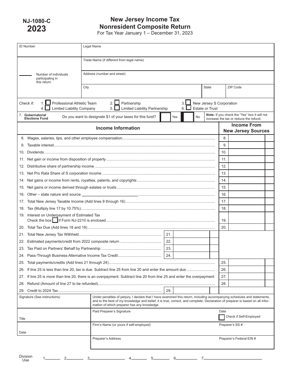 Form NJ-1080-C New Jersey Income Tax Nonresident Composite Return - New Jersey, Page 1