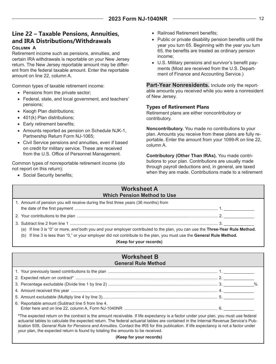 Instructions for Form NJ-1040NR New Jersey Nonresident Income Tax Return - New Jersey, Page 12