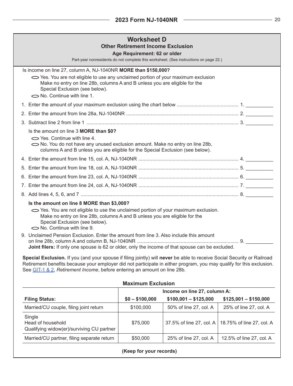 Instructions for Form NJ-1040NR New Jersey Nonresident Income Tax Return - New Jersey, Page 20