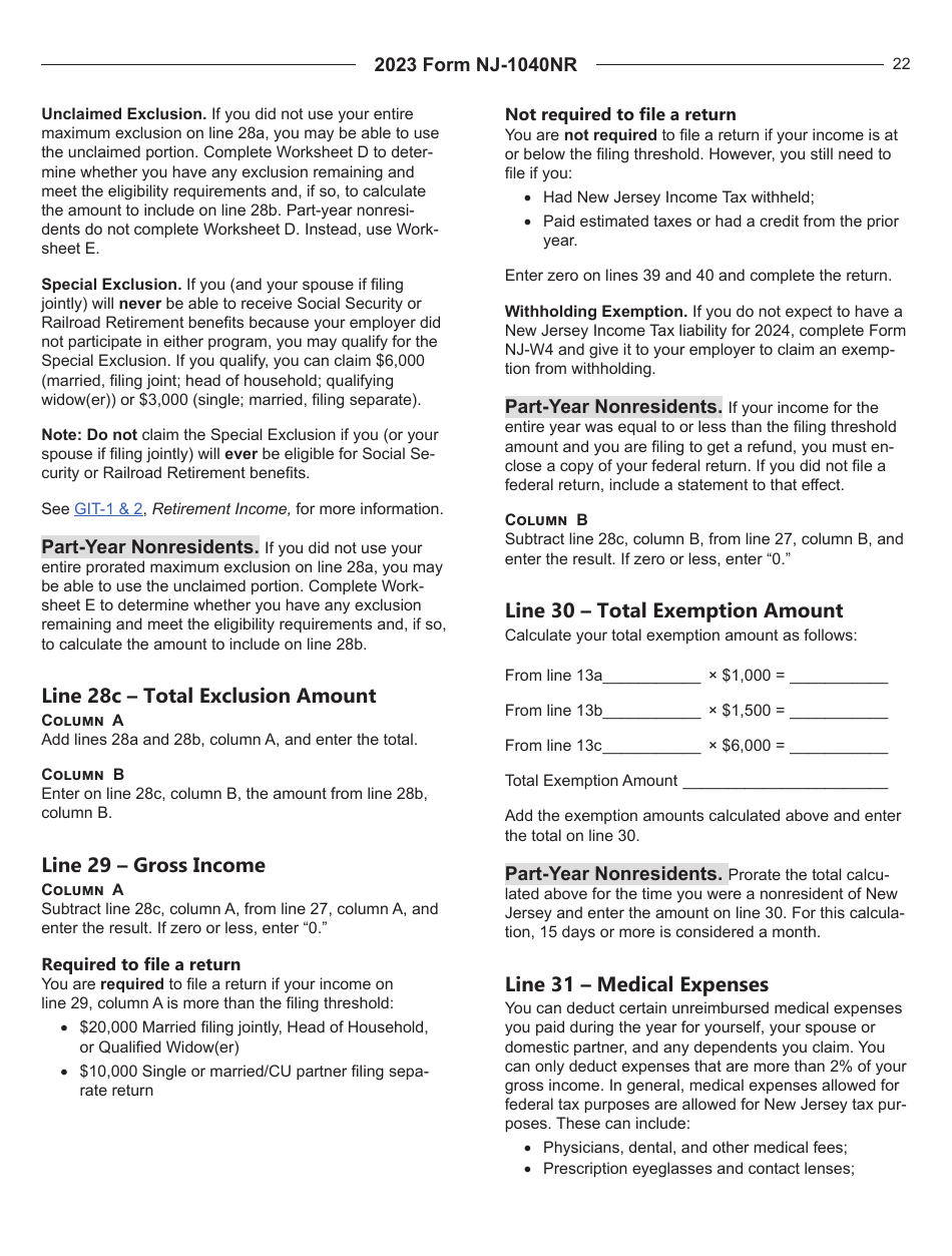 Instructions for Form NJ-1040NR New Jersey Nonresident Income Tax Return - New Jersey, Page 22