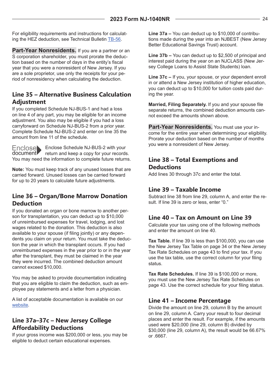 Instructions for Form NJ-1040NR New Jersey Nonresident Income Tax Return - New Jersey, Page 24