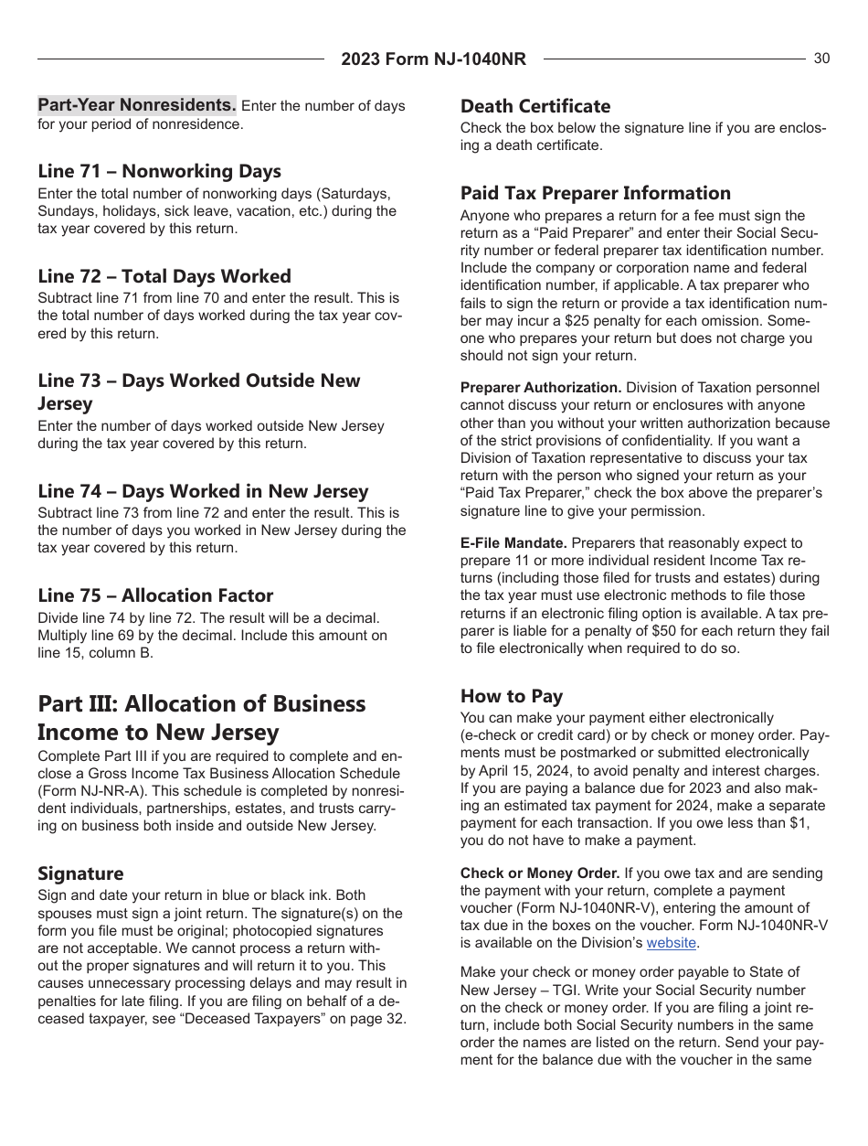 Instructions for Form NJ-1040NR New Jersey Nonresident Income Tax Return - New Jersey, Page 30