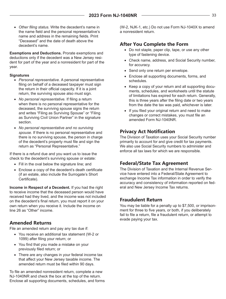 Instructions for Form NJ-1040NR New Jersey Nonresident Income Tax Return - New Jersey, Page 33