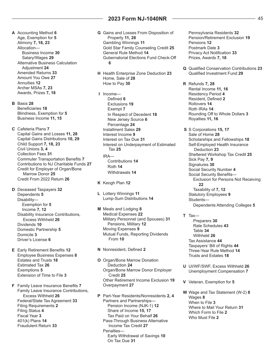 Instructions for Form NJ-1040NR New Jersey Nonresident Income Tax Return - New Jersey, Page 45