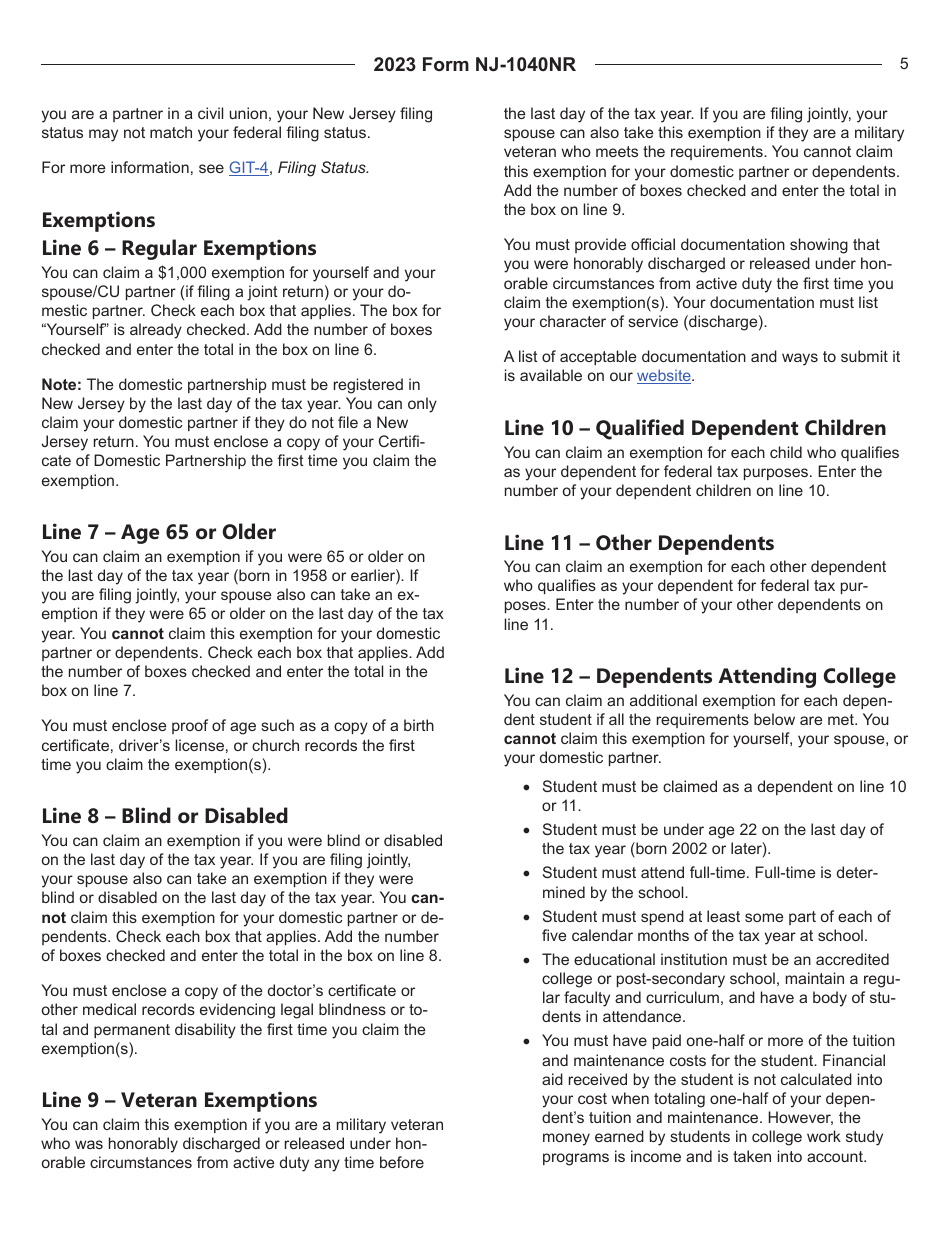 Instructions for Form NJ-1040NR New Jersey Nonresident Income Tax Return - New Jersey, Page 5