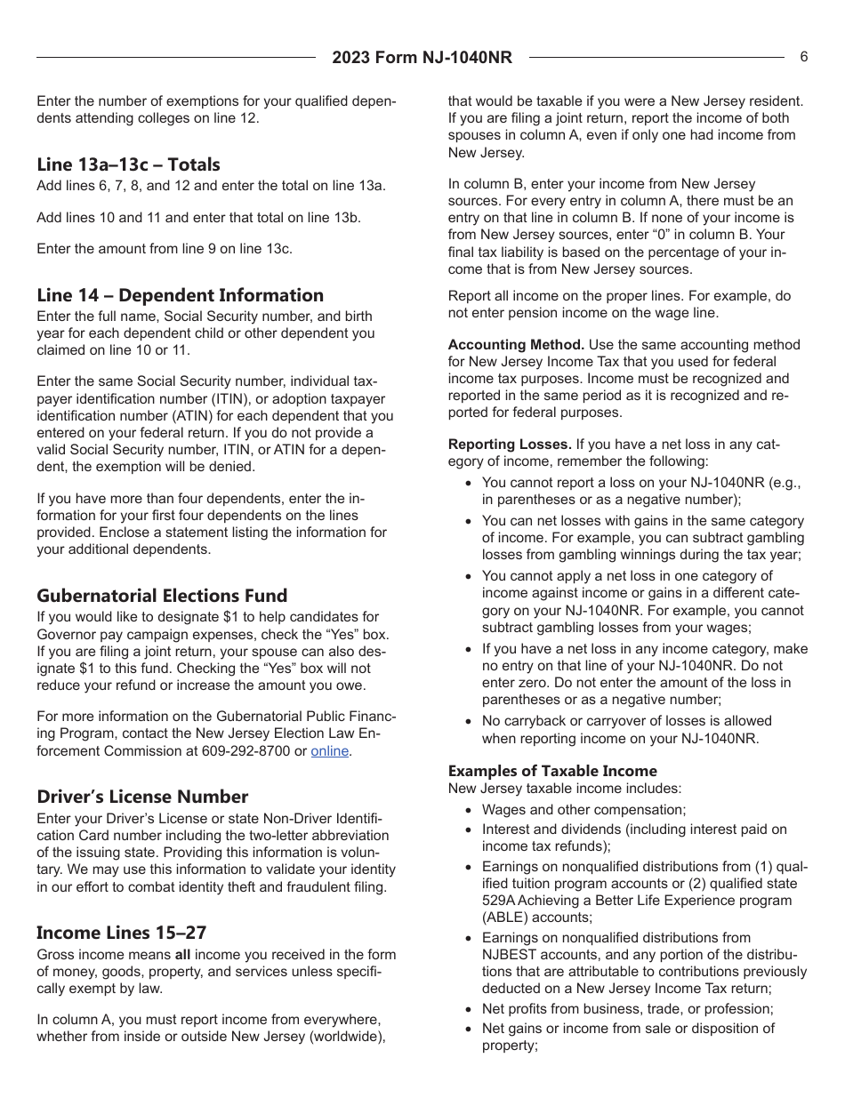 Instructions for Form NJ-1040NR New Jersey Nonresident Income Tax Return - New Jersey, Page 6