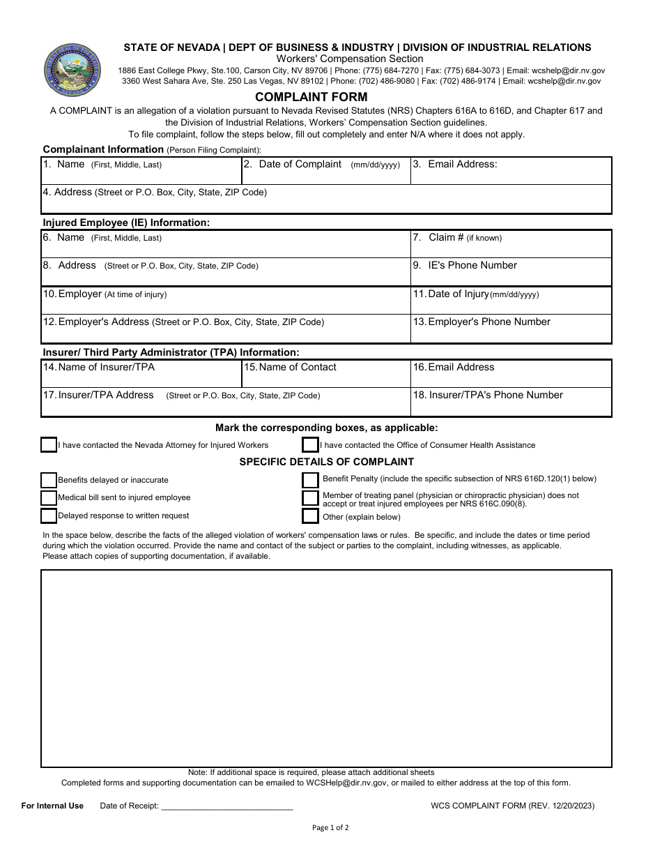 Wcs Complaint Form - Nevada, Page 1