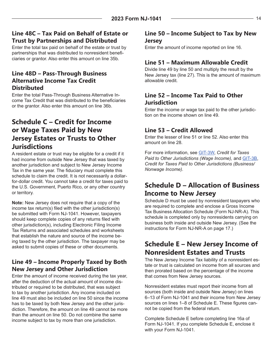 Instructions for Form NJ-1041 New Jersey Income Tax Fiduciary Return - New Jersey, Page 14