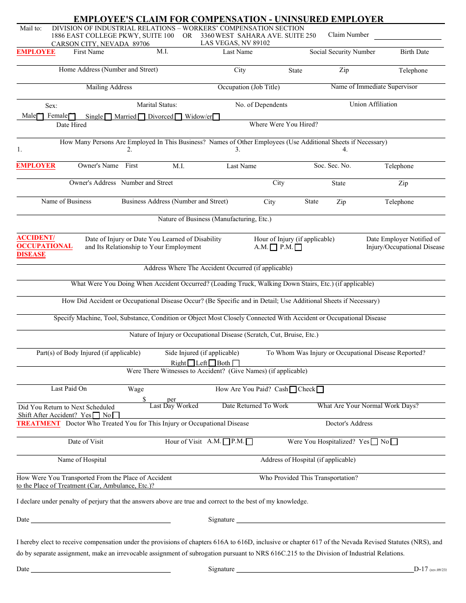 Form D-17 Employees Claim for Compensation - Uninsured Employer - Nevada, Page 1