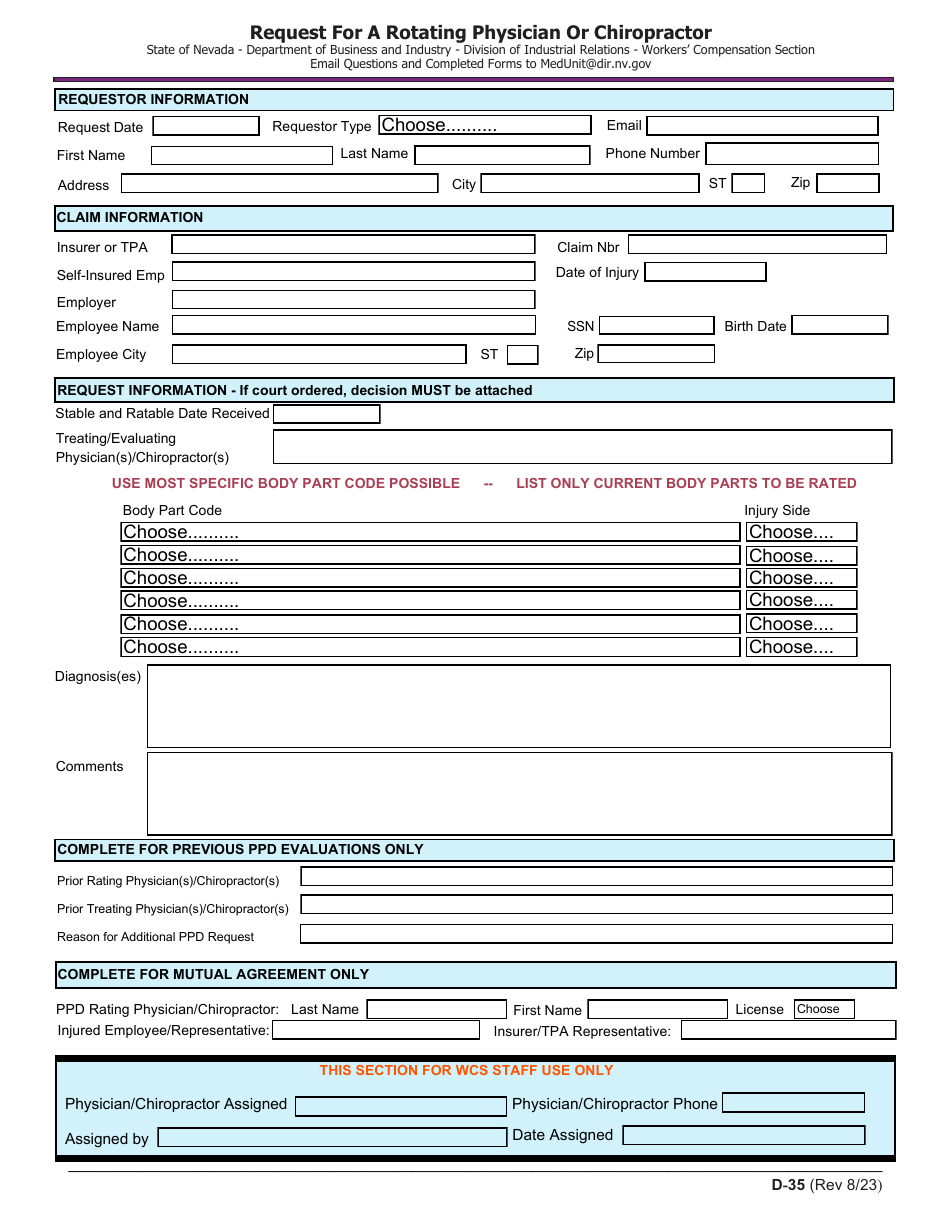 Form D-35 Request for a Rotating Physician or Chiropractor - Nevada, Page 1