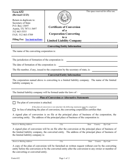 Form 632 Certificate of Conversion of a Corporation Converting to a Limited Liability Company - Texas