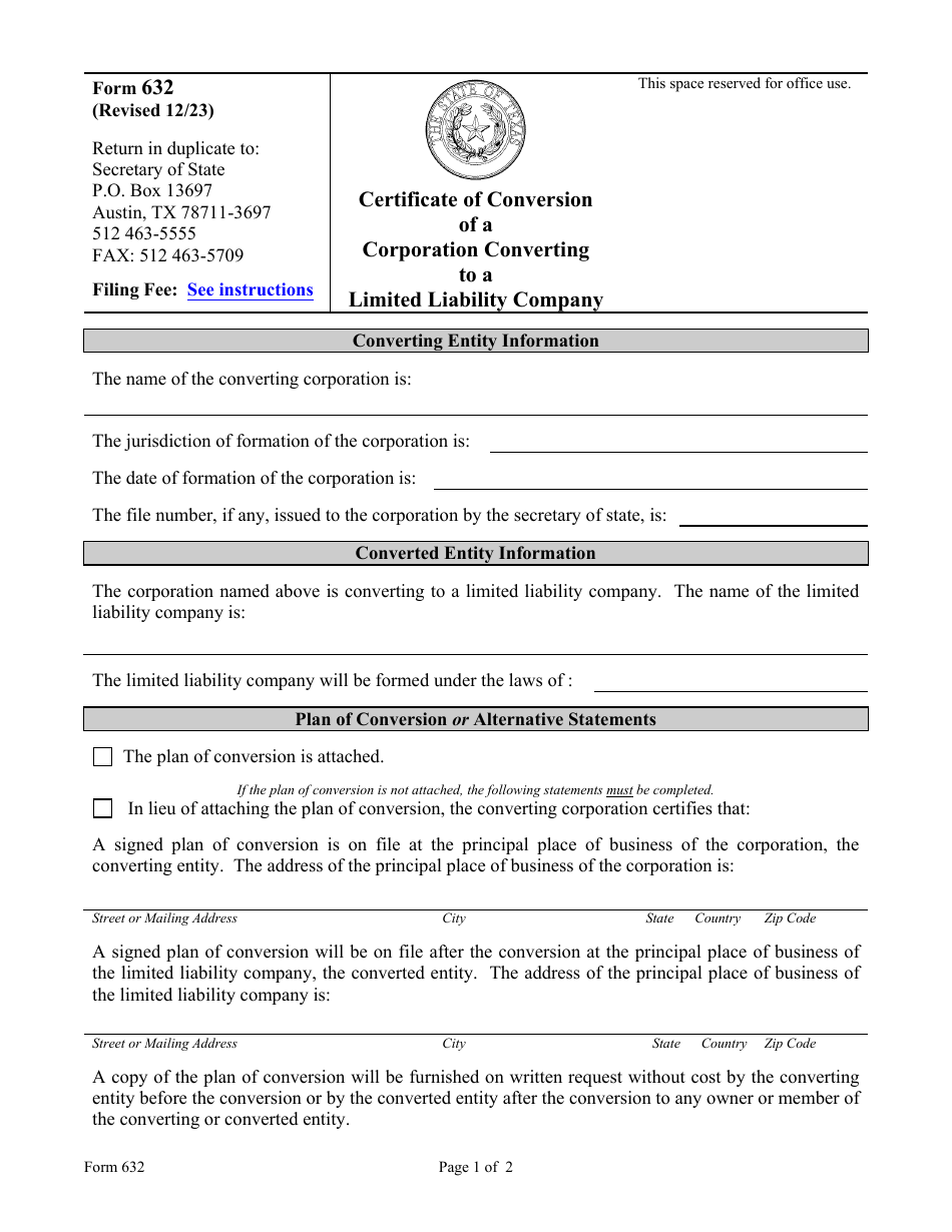 Form 632 Certificate of Conversion of a Corporation Converting to a Limited Liability Company - Texas, Page 1