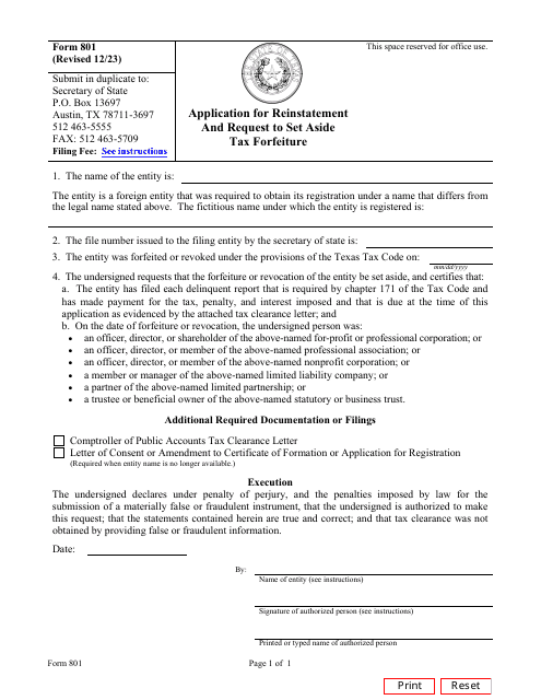 Form 801 Application for Reinstatement and Request to Set Aside Tax Forfeiture - Texas