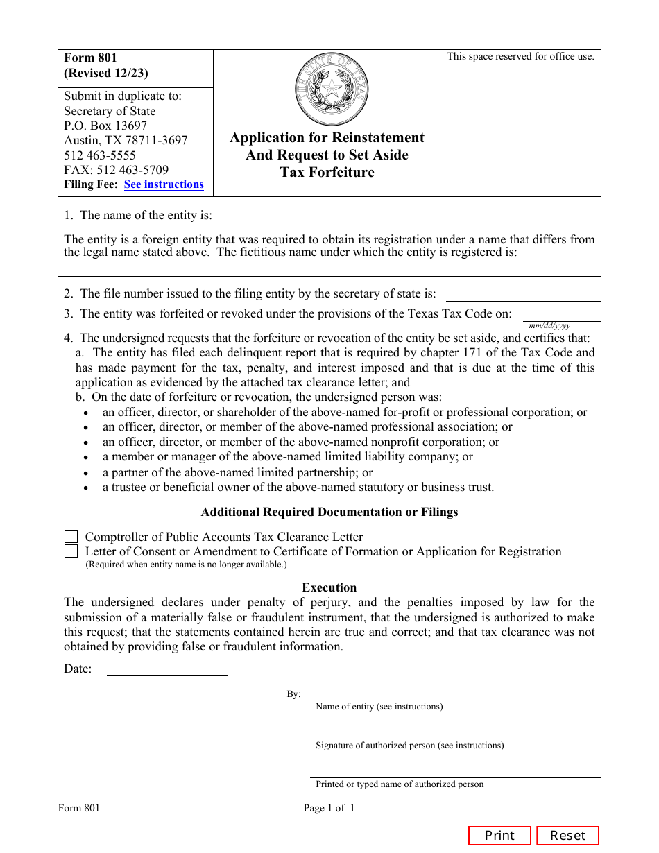 Form 801 Application for Reinstatement and Request to Set Aside Tax Forfeiture - Texas, Page 1