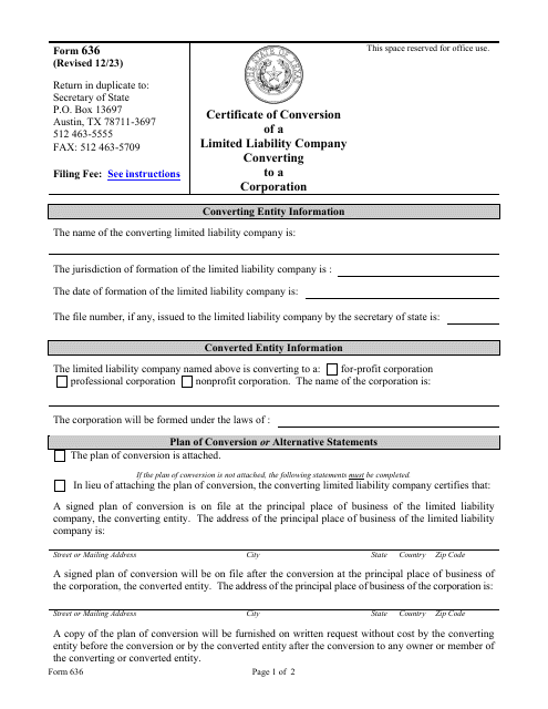 Form 636 Certificate of Conversion of a Limited Liability Company Converting to a Corporation - Texas