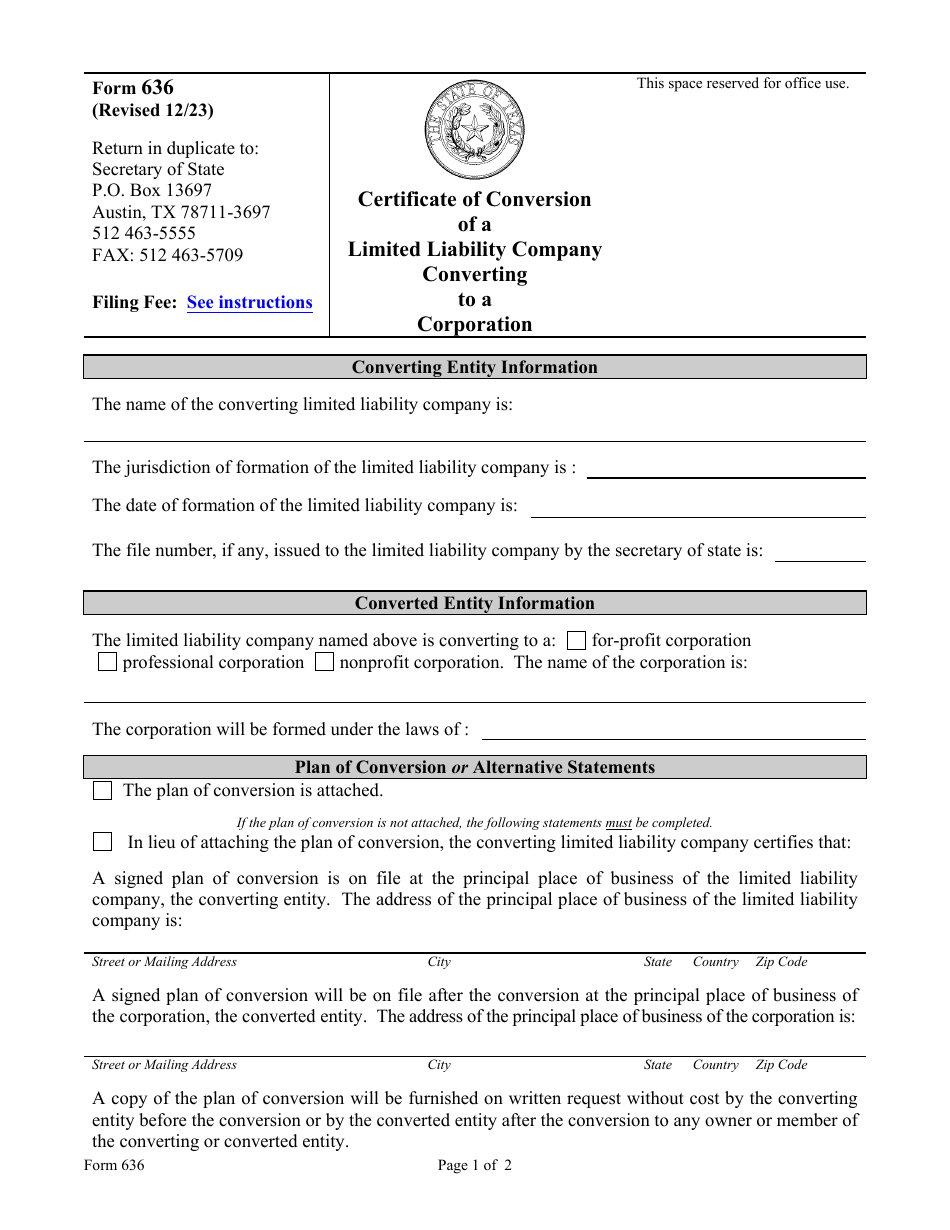 Form 636 Certificate of Conversion of a Limited Liability Company Converting to a Corporation - Texas, Page 1