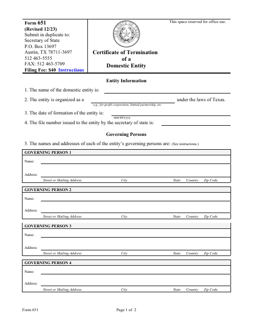 Form 651 Certificate of Termination of a Domestic Entity - Texas