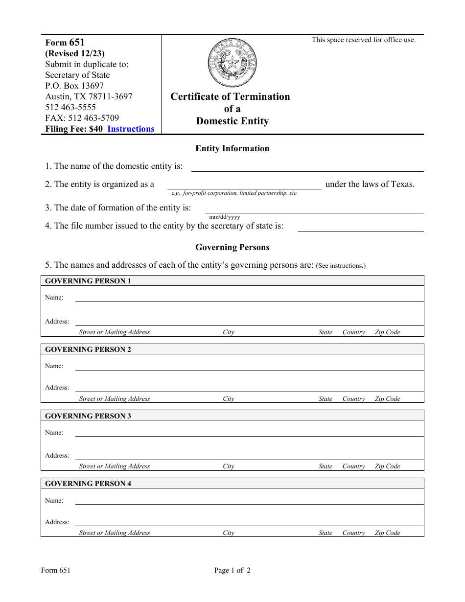 Form 651 Certificate of Termination of a Domestic Entity - Texas, Page 1