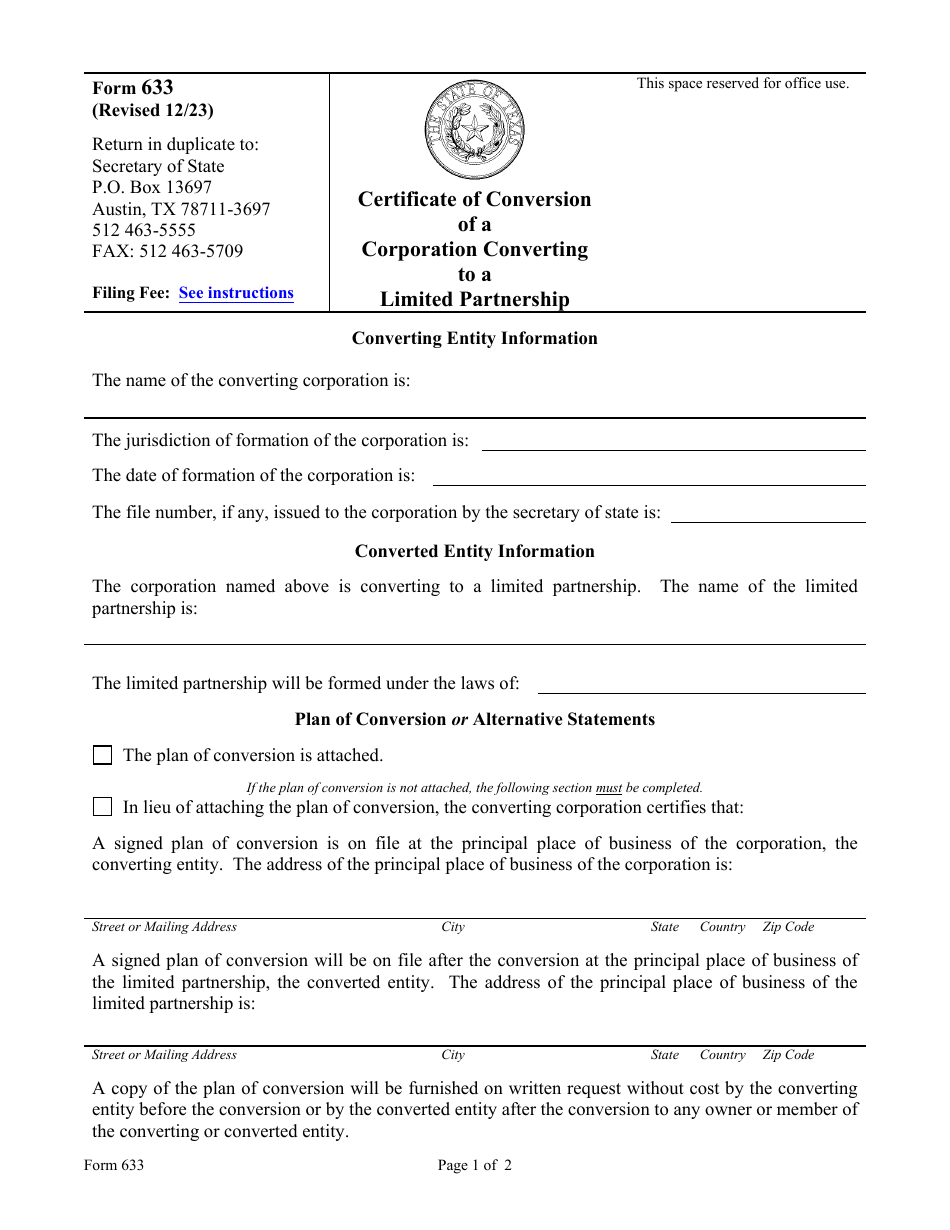 Form 633 Certificate of Conversion of a Corporation Converting to a Limited Partnership - Texas, Page 1