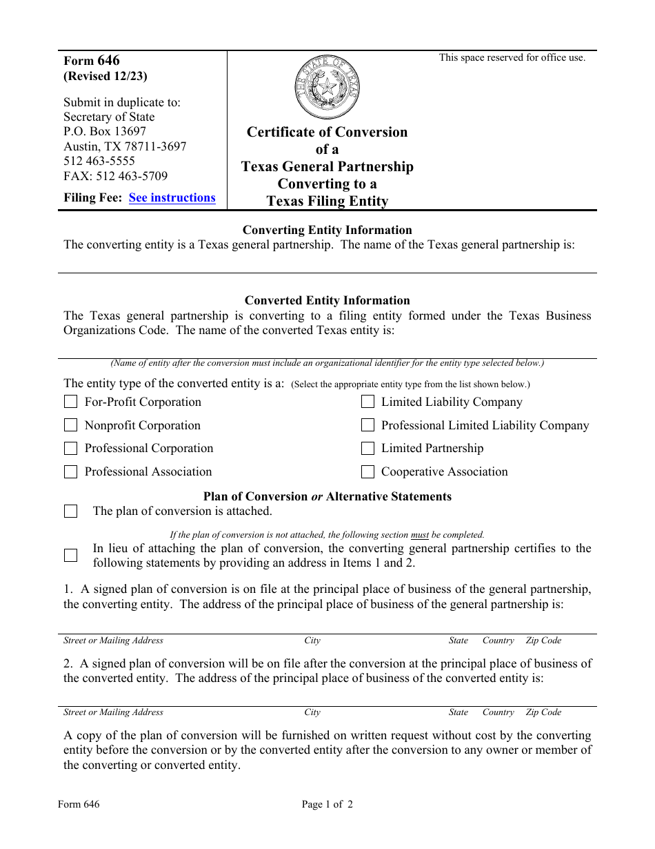 Form 646 Certificate of Conversion of a Texas General Partnership Converting to a Texas Filing Entity - Texas, Page 1