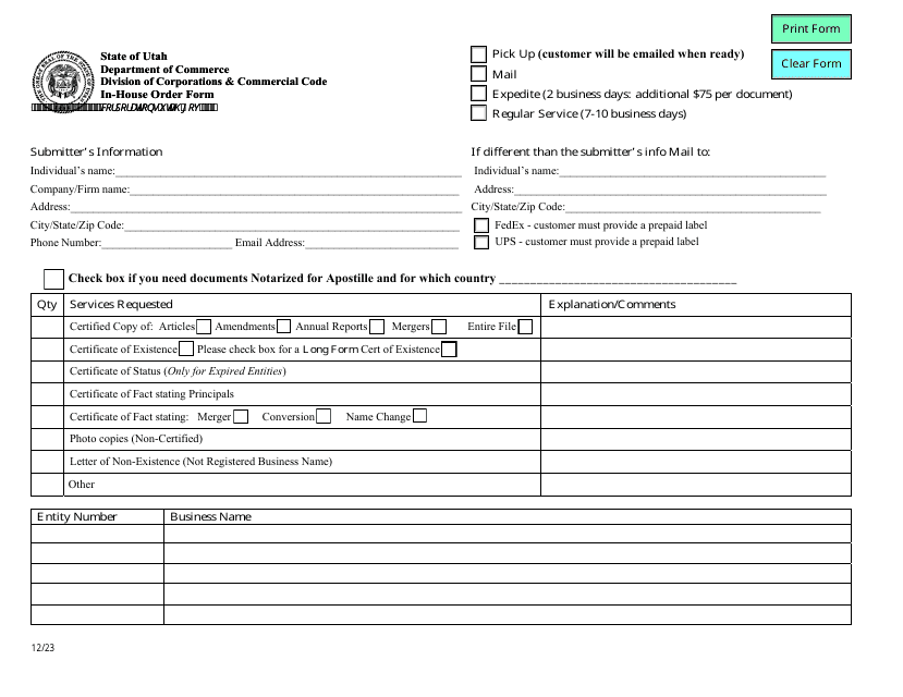 In-house Order Form - Utah