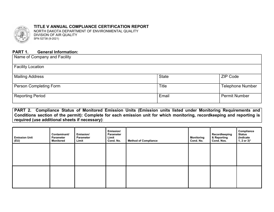 Form SFN52738 Title V Annual Compliance Certification Report - North Dakota, Page 1