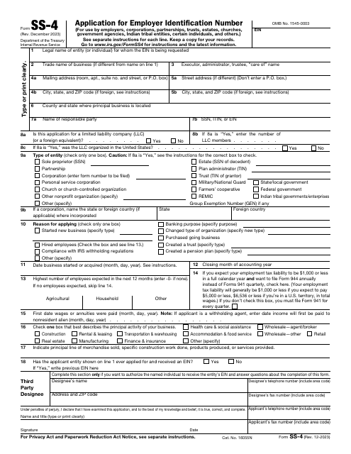 IRS Form SS-4  Printable Pdf