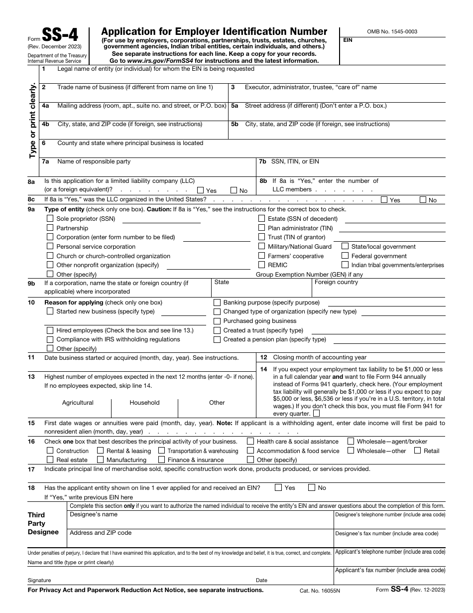 IRS Form SS-4 Application for Employer Identification Number, Page 1