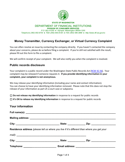 Money Transmitter, Currency Exchanger, or Virtual Currency Complaint - Washington Download Pdf