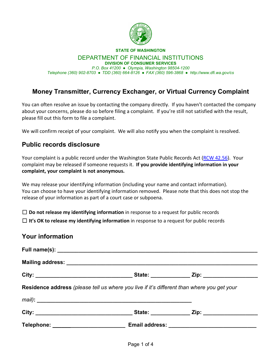 Money Transmitter, Currency Exchanger, or Virtual Currency Complaint - Washington, Page 1