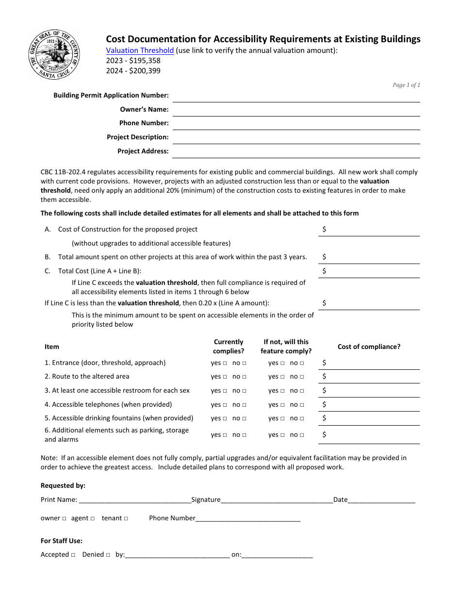 2024 Santa Cruz County, California Cost Documentation for Accessibility Requirements at Existing