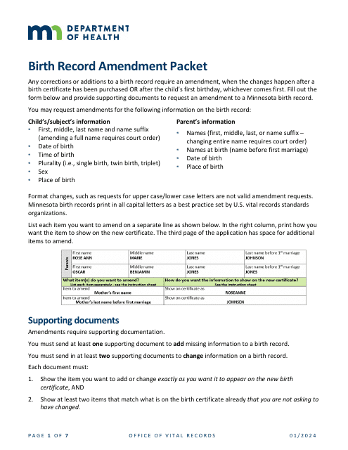Birth Record Amendment Request - Minnesota Download Pdf
