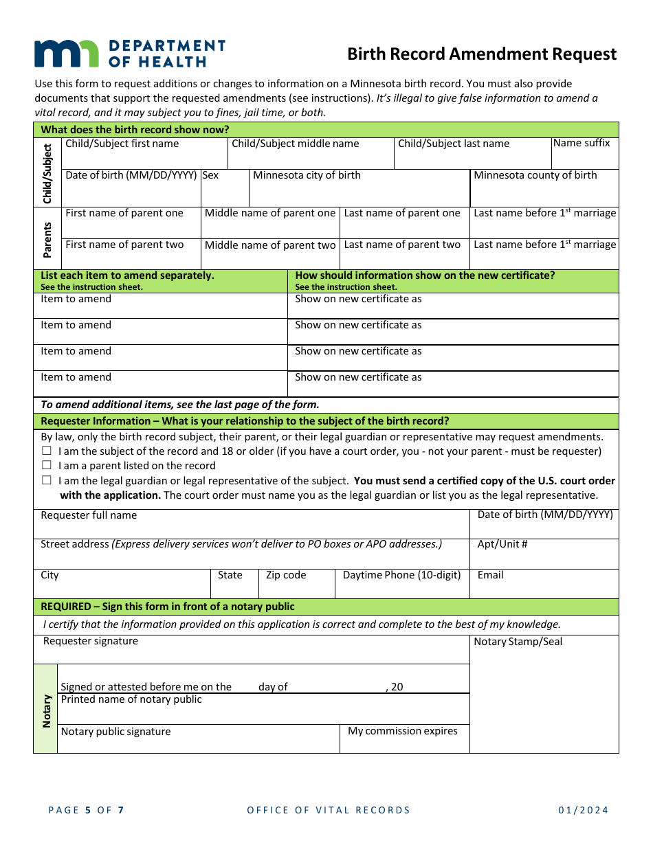 Minnesota Birth Record Amendment Request - Fill Out, Sign Online and ...