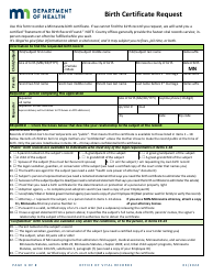 Document preview: Birth Certificate Request - Minnesota