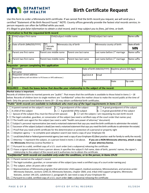 Birth Certificate Request - Minnesota Download Pdf