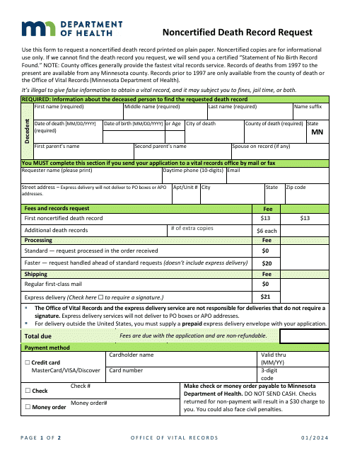 Noncertified Death Record Request - Minnesota Download Pdf