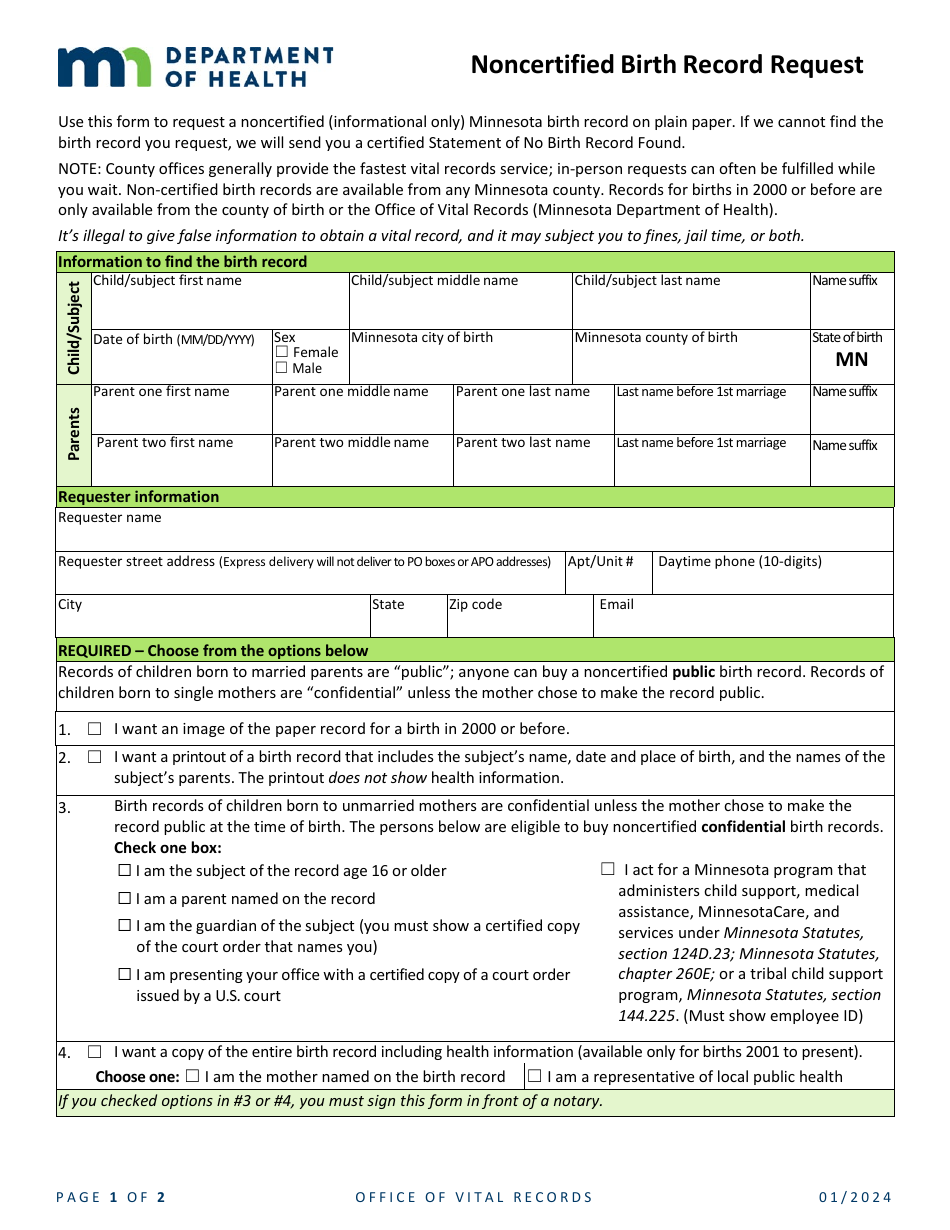 Noncertified Birth Record Request - Minnesota, Page 1